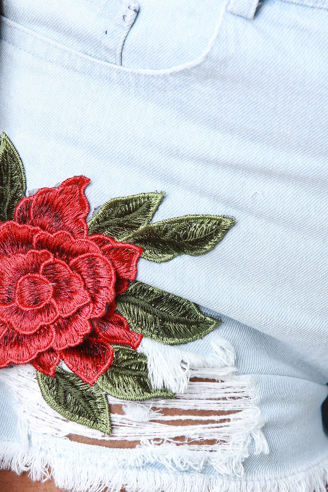 Floral Embroidery Drawstring Side Denim Shorts - NoveltyOne