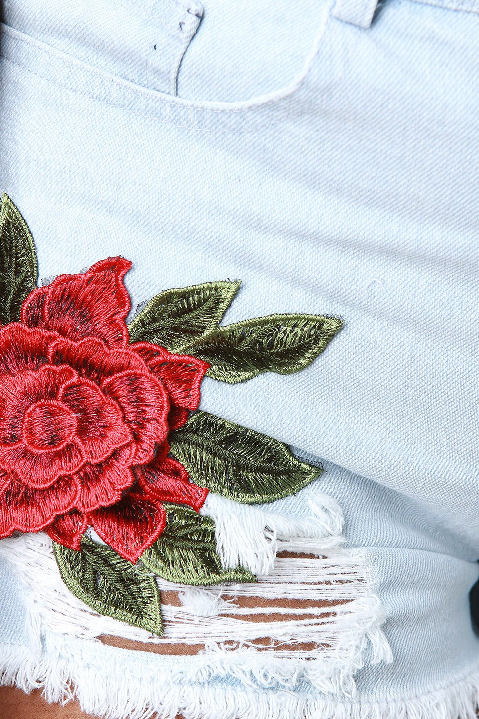 Floral Embroidery Drawstring Side Denim Shorts - NoveltyOne