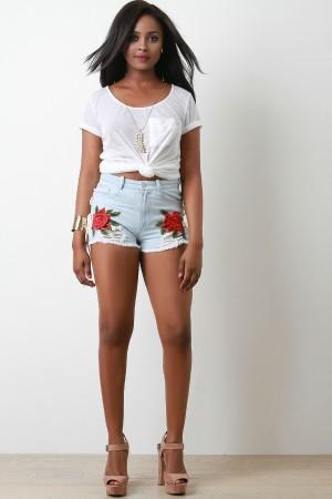 Floral Embroidery Drawstring Side Denim Shorts - NoveltyOne