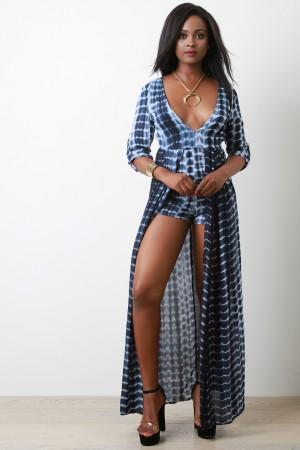 Tie Dye Three Quarter Sleeves Front Slit Romper Dress