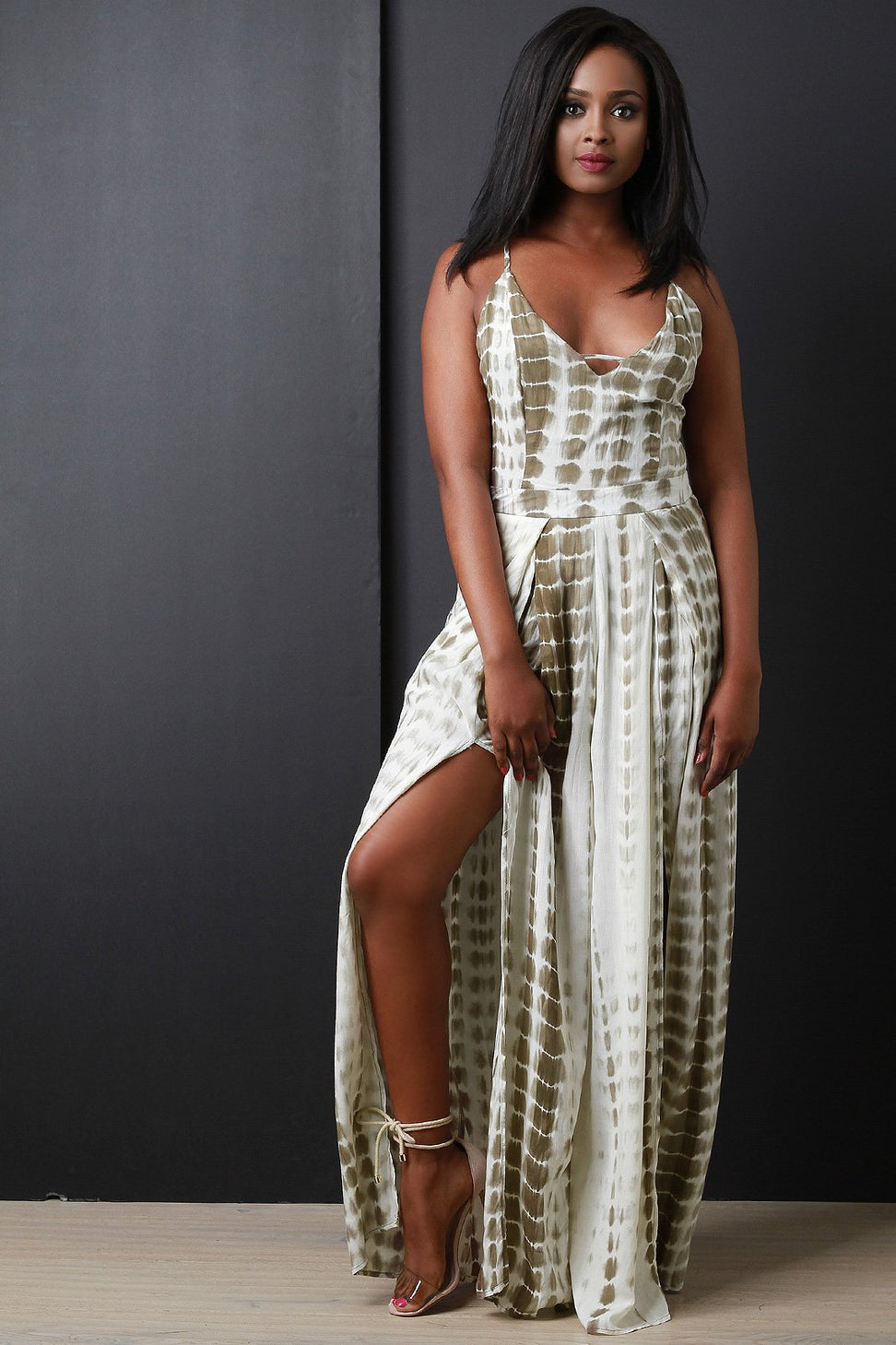Tie Dye Back Lace-Up Slit Palazzo Jumpsuit