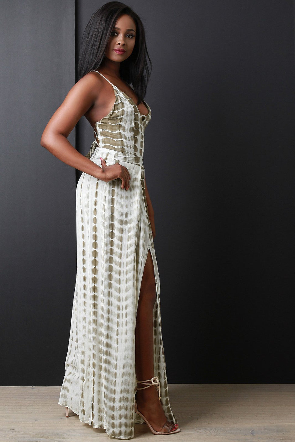 Tie Dye Back Lace-Up Slit Palazzo Jumpsuit