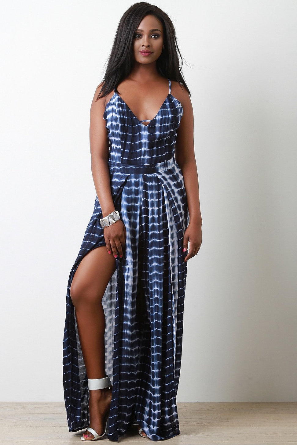 Tie Dye Back Lace-Up Slit Palazzo Jumpsuit