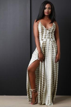 Tie Dye Back Lace-Up Slit Palazzo Jumpsuit