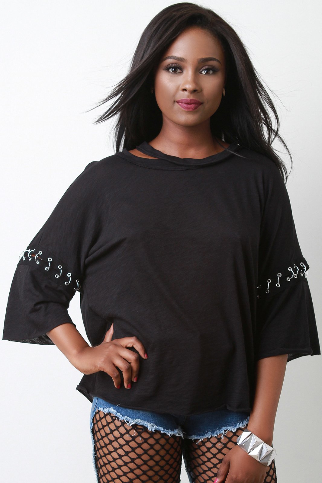 Cutout Round Neck O-Rings Sleeve Top