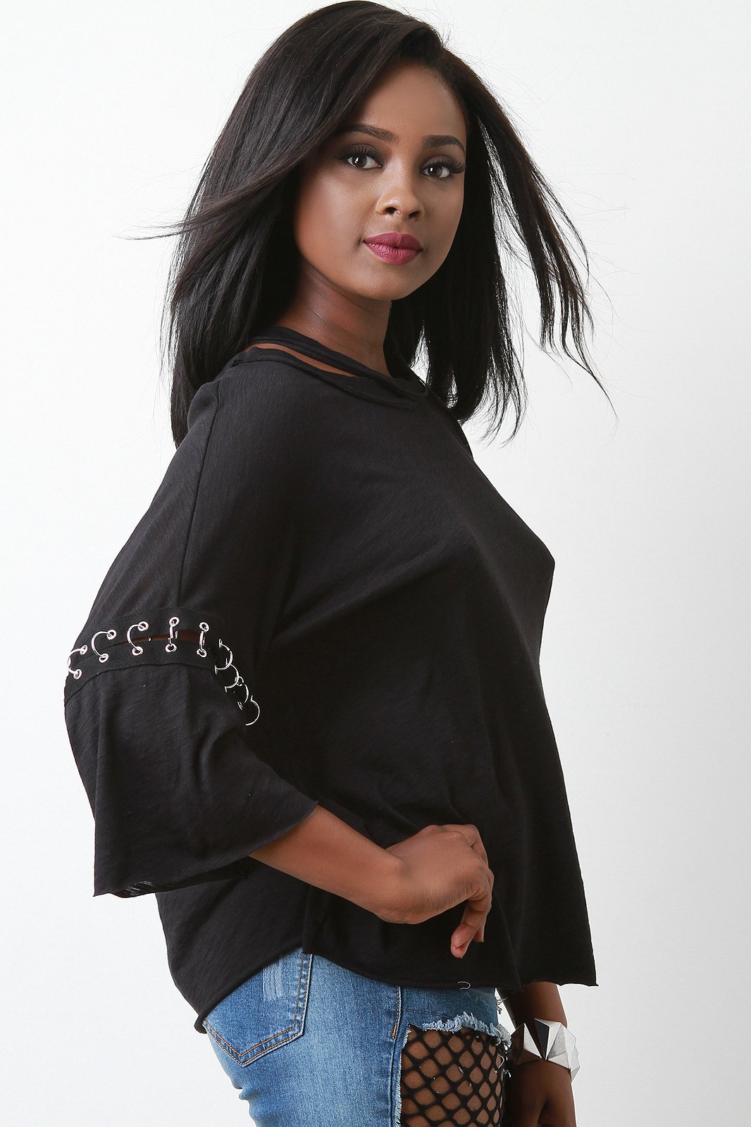 Cutout Round Neck O-Rings Sleeve Top