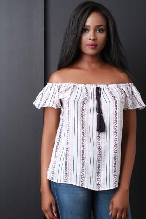 Striped Tribal Off-The-Shoulder Tassel Ruffle Top