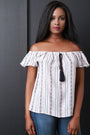 Striped Tribal Off-The-Shoulder Tassel Ruffle Top