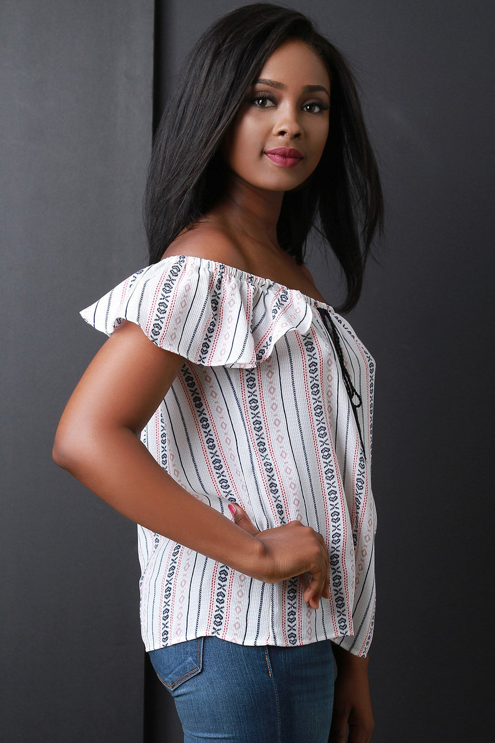 Striped Tribal Off-The-Shoulder Tassel Ruffle Top