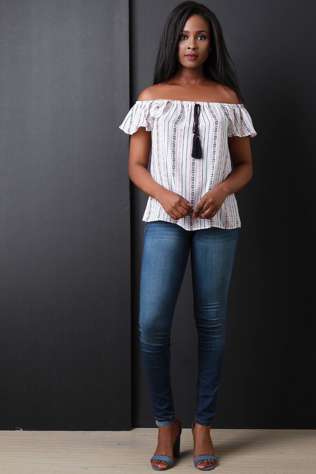 Striped Tribal Off-The-Shoulder Tassel Ruffle Top