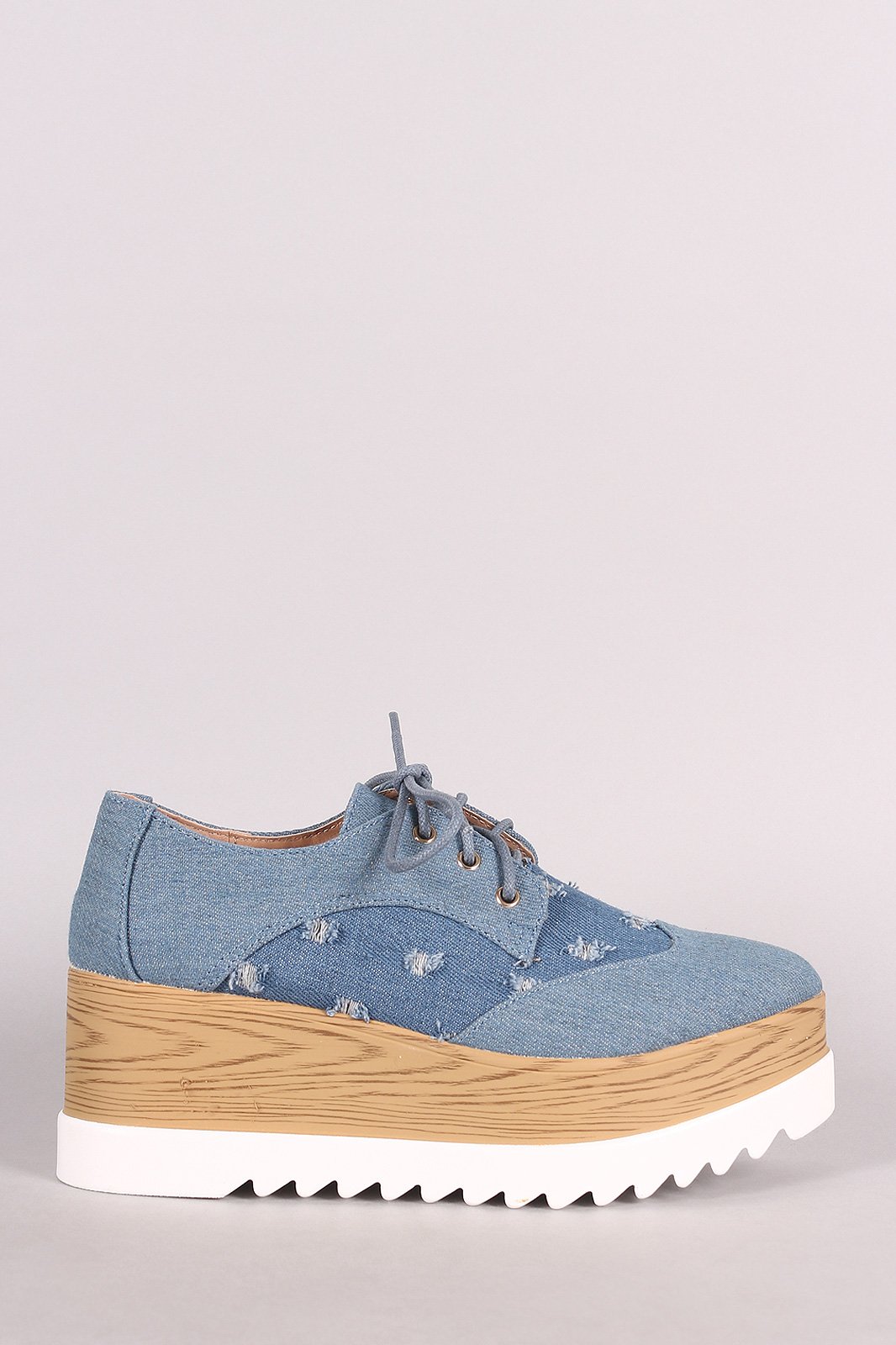 Distressed Denim Lace Up Lug Sole Oxford Platform Wedge - NoveltyOne