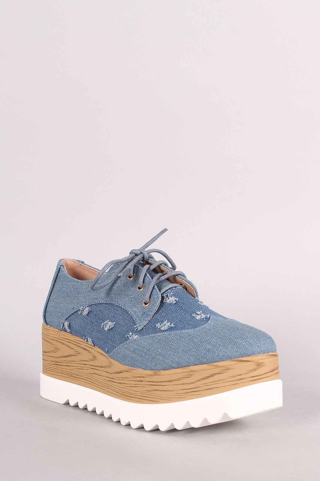 Distressed Denim Lace Up Lug Sole Oxford Platform Wedge - NoveltyOne