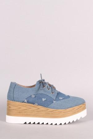 Distressed Denim Lace Up Lug Sole Oxford Platform Wedge - NoveltyOne