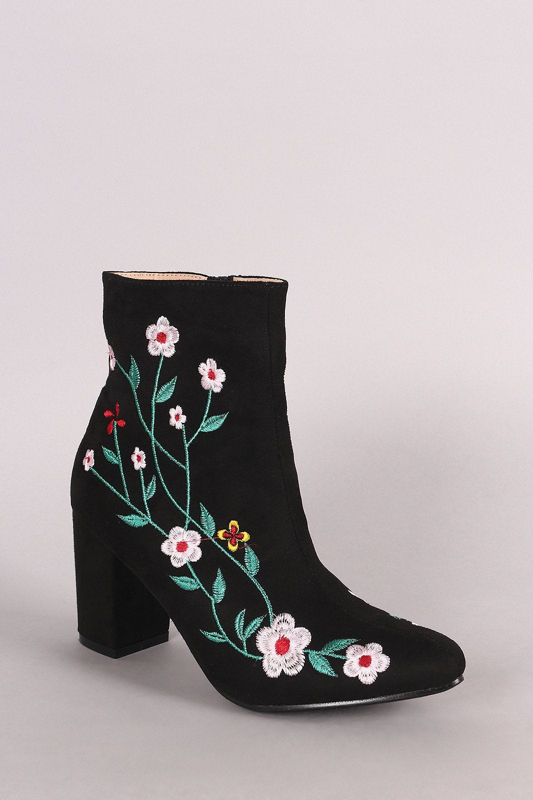 Suede Embroidered Floral Vines Chunky Heeled Booties