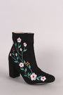 Suede Embroidered Floral Vines Chunky Heeled Booties