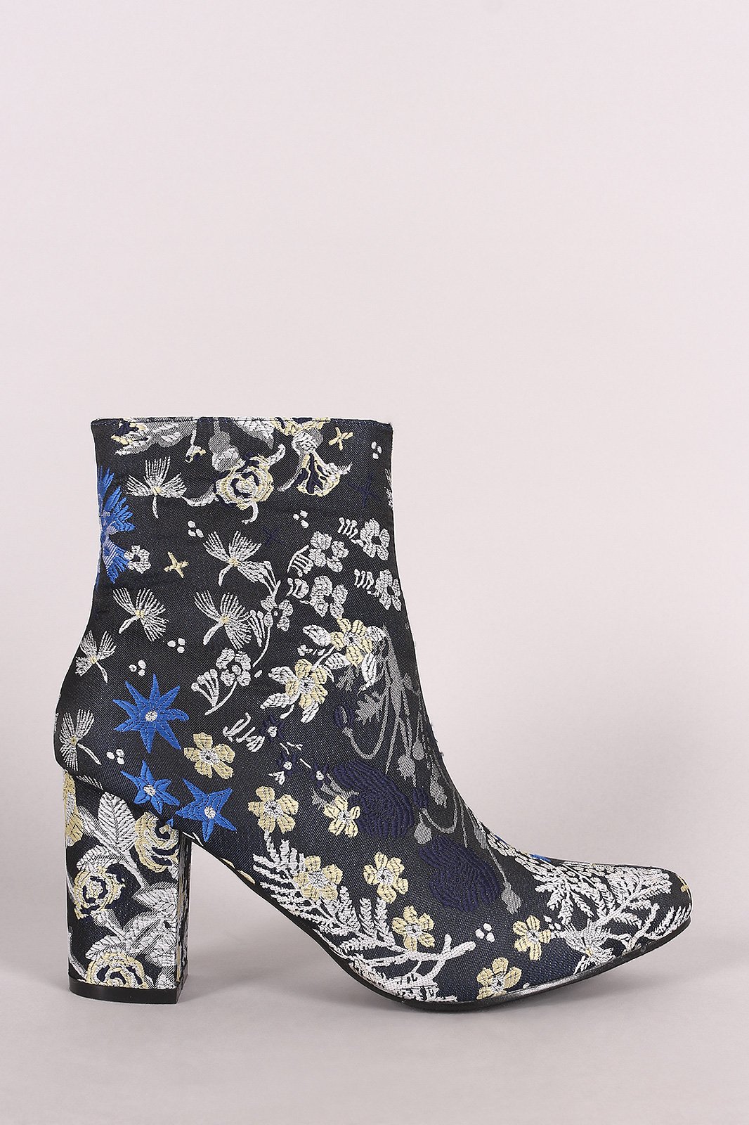 Embroidered Wild Flowers Chunky Heeled Booties