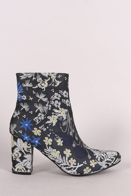 Embroidered Wild Flowers Chunky Heeled Booties