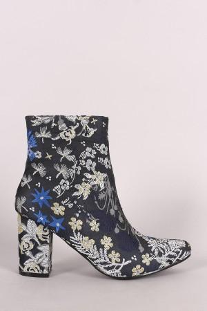 Embroidered Wild Flowers Chunky Heeled Booties