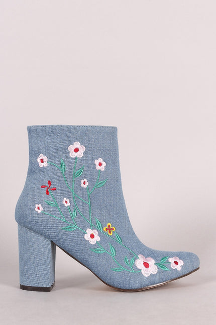 Denim Embroidered Floral Vines Chunky Heeled Booties