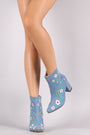 Denim Embroidered Floral Vines Chunky Heeled Booties