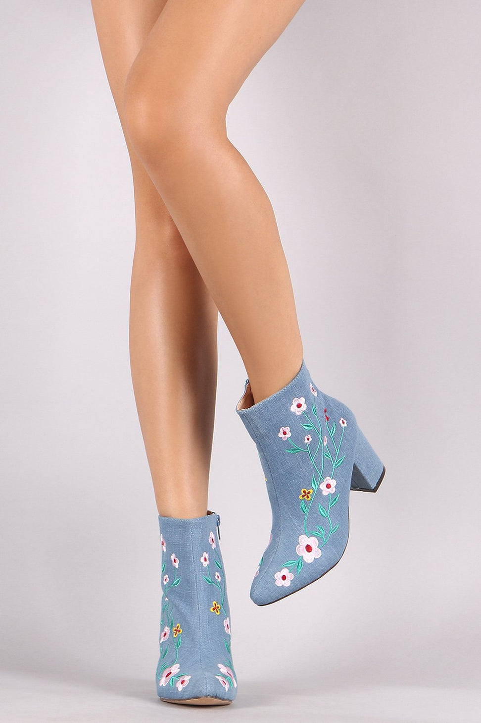 Denim Embroidered Floral Vines Chunky Heeled Booties
