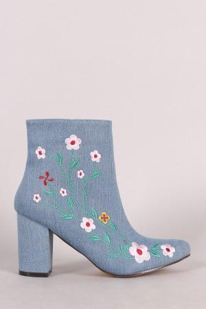 Denim Embroidered Floral Vines Chunky Heeled Booties