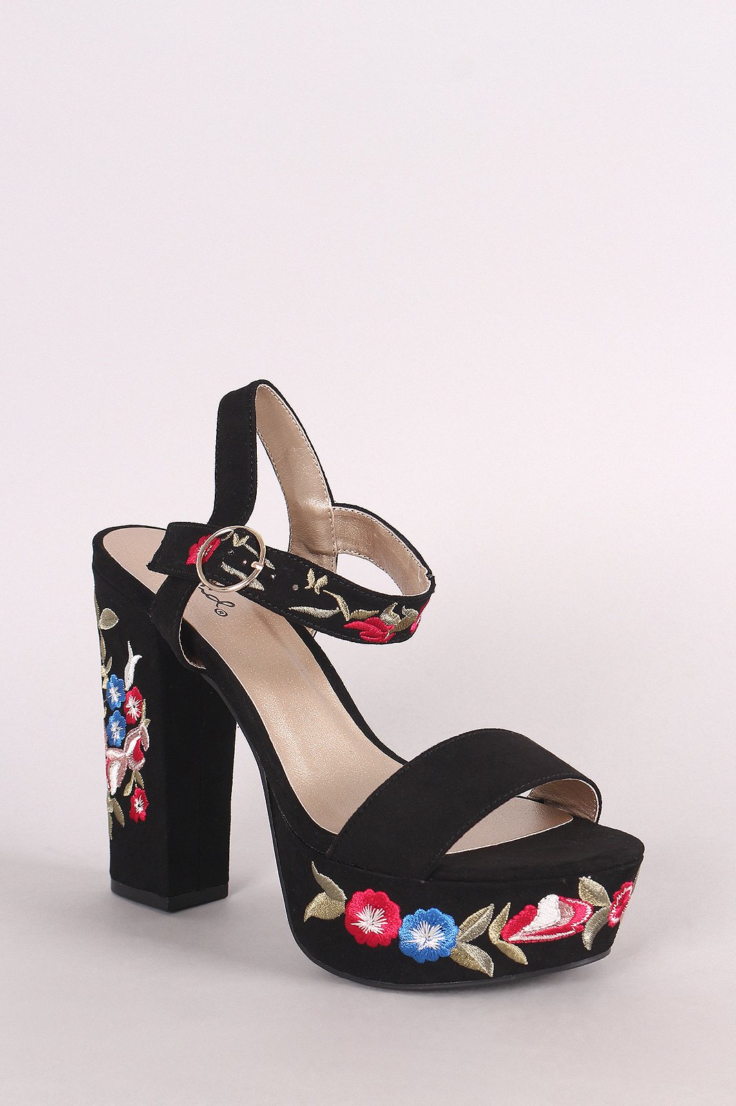 Qupid Embroidered Floral Chunky Platform Heel