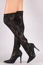 Qupid Floral Lace Pointy Toe Stiletto Over-The-Knee Boots