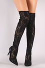 Qupid Floral Lace Pointy Toe Stiletto Over-The-Knee Boots