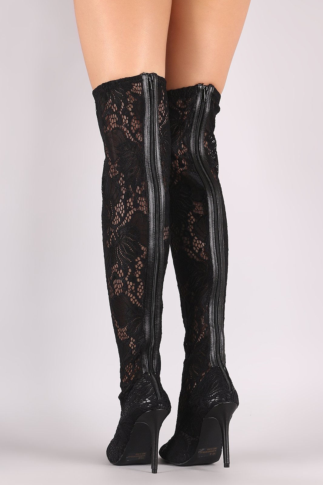 Qupid Floral Lace Pointy Toe Stiletto Over-The-Knee Boots