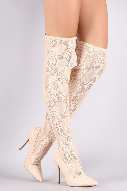 Qupid Floral Lace Pointy Toe Stiletto Over-The-Knee Boots