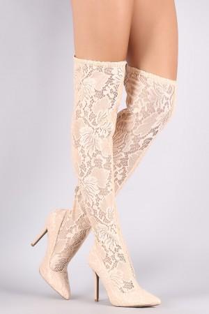 Qupid Floral Lace Pointy Toe Stiletto Over-The-Knee Boots