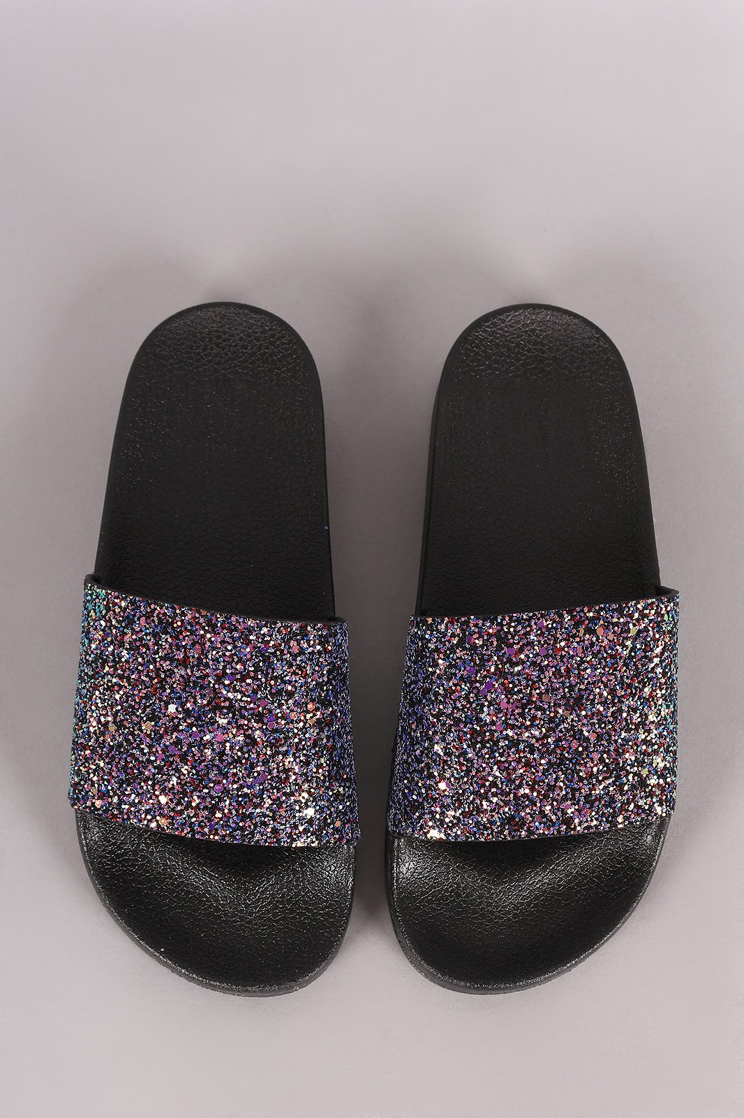 Qupid Encrusted Iridescent Glitter Open Toe Slide Sandal