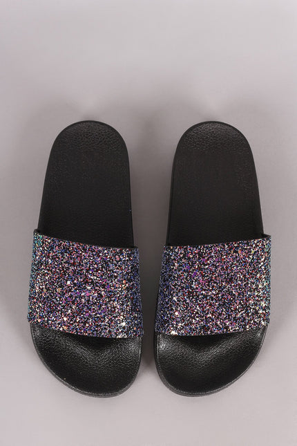 Qupid Encrusted Iridescent Glitter Open Toe Slide Sandal