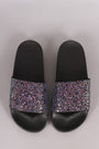 Qupid Encrusted Iridescent Glitter Open Toe Slide Sandal