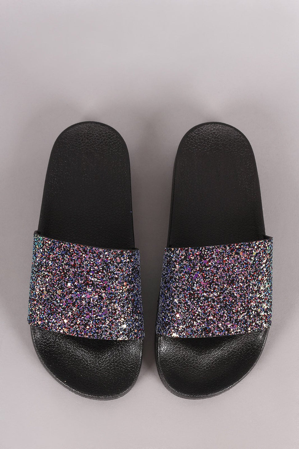 Qupid Encrusted Iridescent Glitter Open Toe Slide Sandal