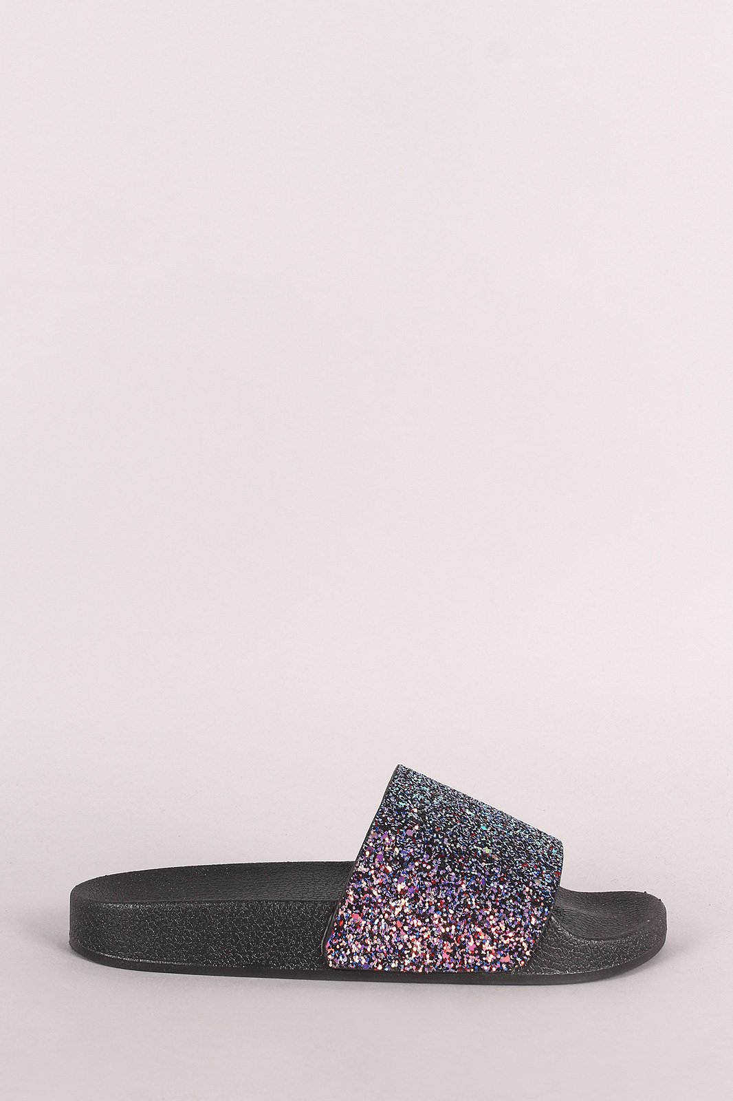 Qupid Encrusted Iridescent Glitter Open Toe Slide Sandal