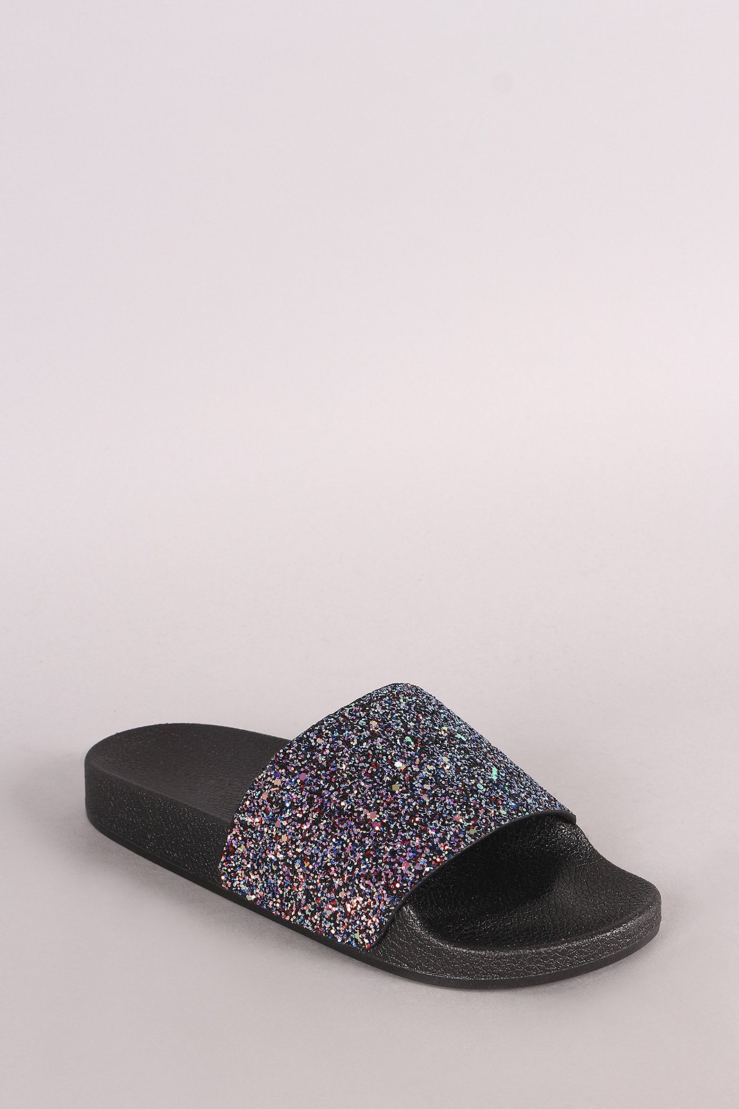 Qupid Encrusted Iridescent Glitter Open Toe Slide Sandal