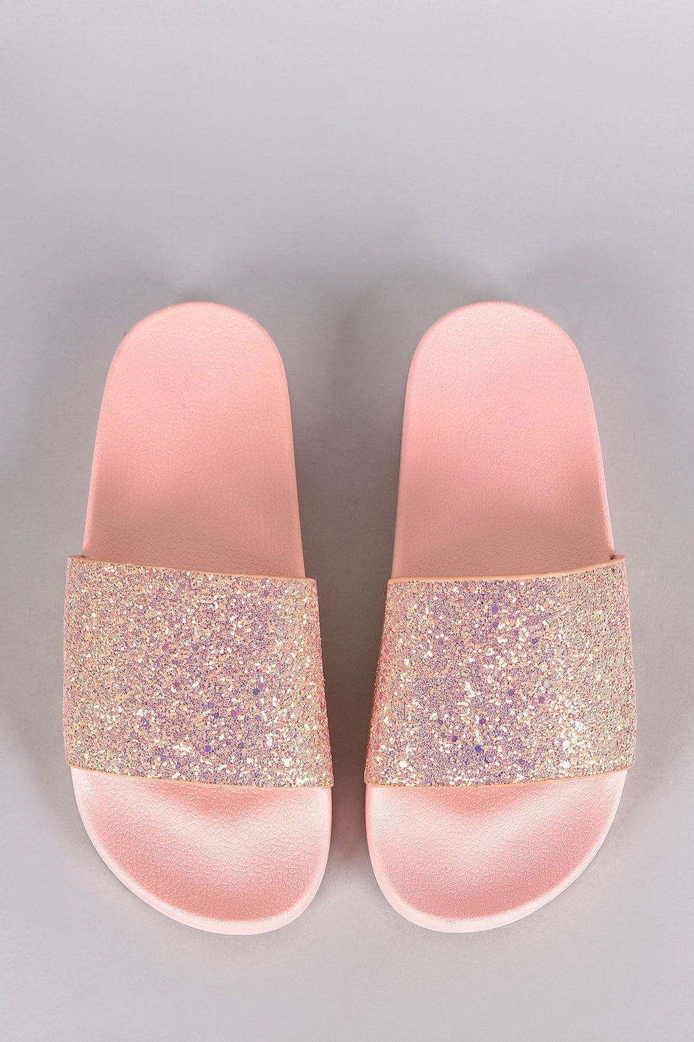 Qupid Encrusted Iridescent Glitter Open Toe Slide Sandal