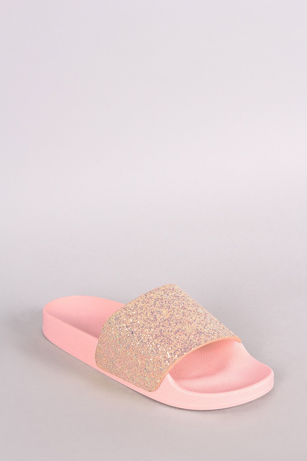 Qupid Encrusted Iridescent Glitter Open Toe Slide Sandal