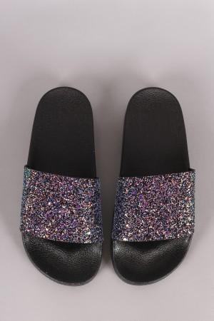 Qupid Encrusted Iridescent Glitter Open Toe Slide Sandal