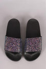 Qupid Encrusted Iridescent Glitter Open Toe Slide Sandal