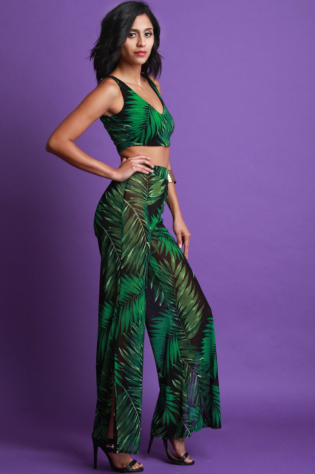 Mesh Palm Print Two Piece Palazzo Pants Set