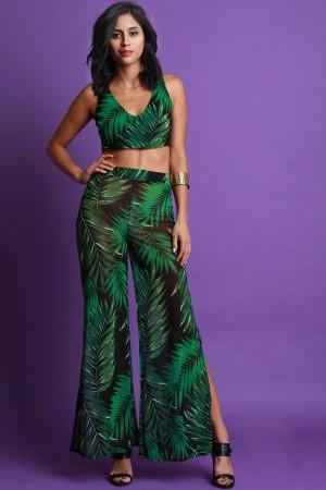 Mesh Palm Print Two Piece Palazzo Pants Set