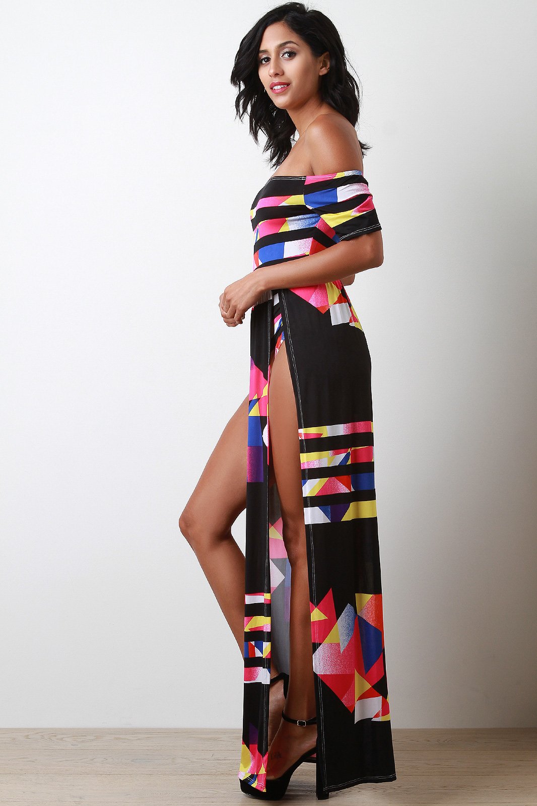 Geo Striped Bardot Maxi Dress - NoveltyOne