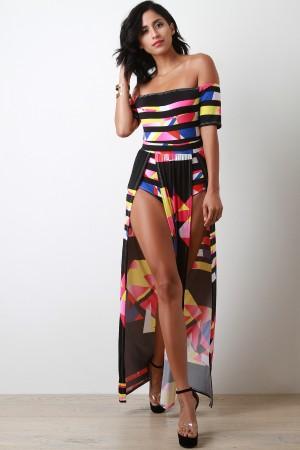 Geo Striped Bardot Maxi Dress - NoveltyOne