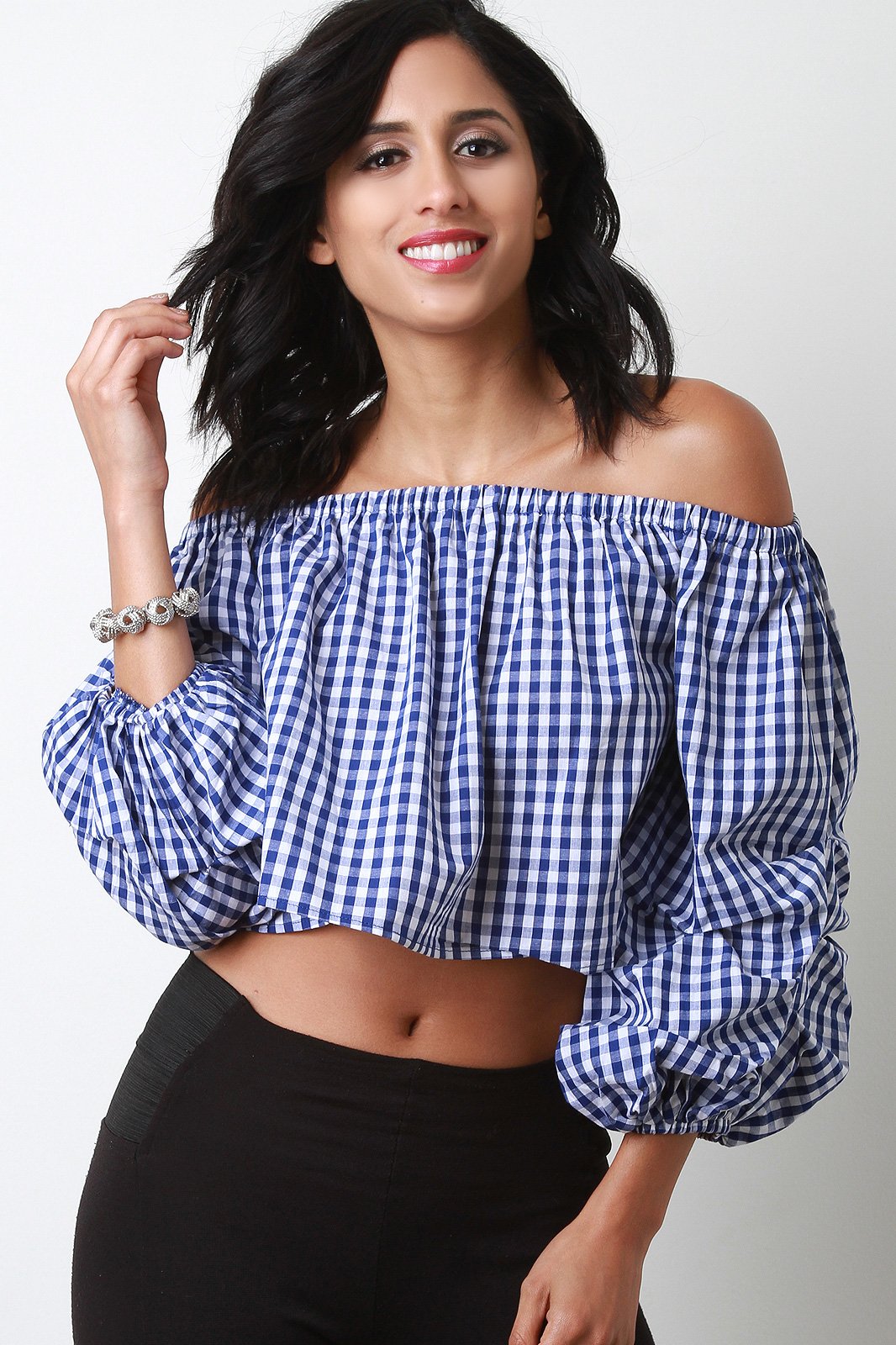 Gingham Off-The-Shoulder Balloon Statement Sleeve Top - NoveltyOne