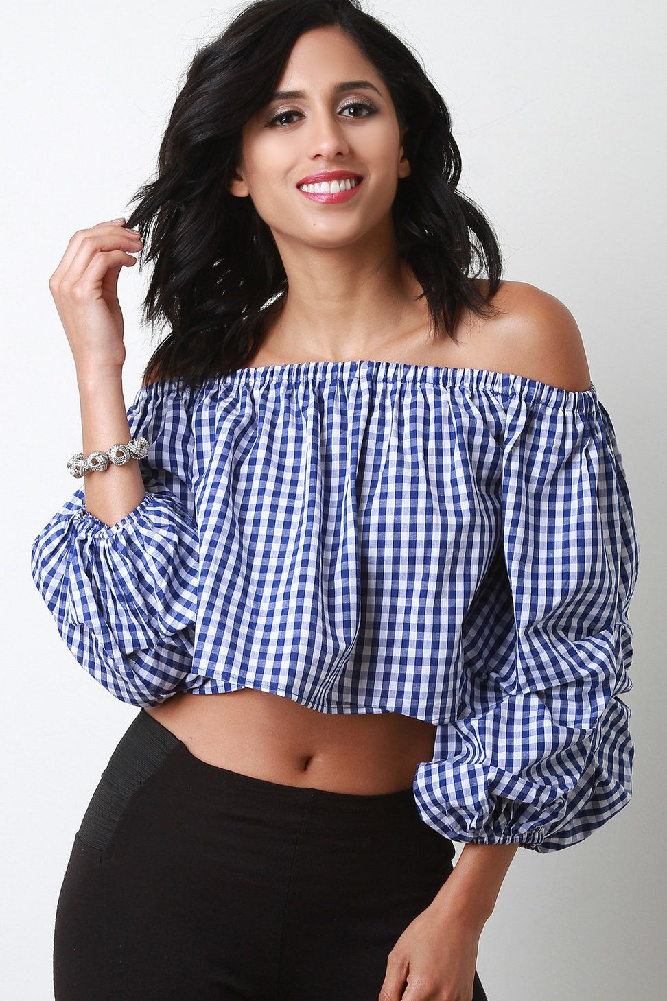 Gingham Off-The-Shoulder Balloon Statement Sleeve Top - NoveltyOne