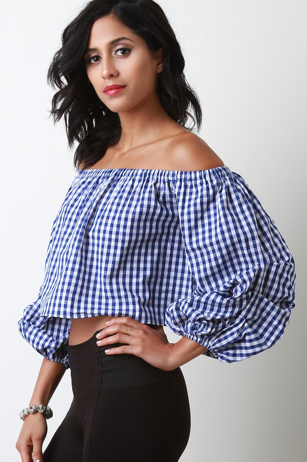 Gingham Off-The-Shoulder Balloon Statement Sleeve Top - NoveltyOne