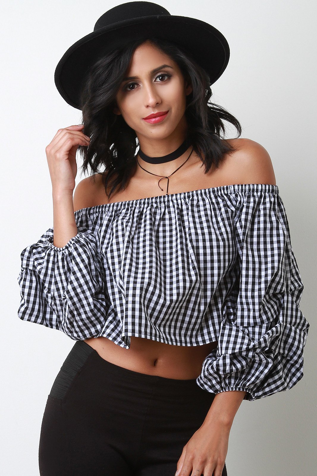 Gingham Off-The-Shoulder Balloon Statement Sleeve Top - NoveltyOne